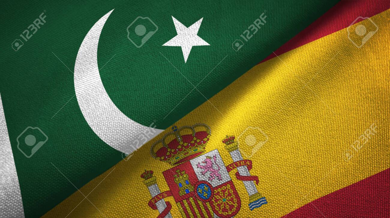 Pakistan and Spain two flags textile cloth, fabric texture