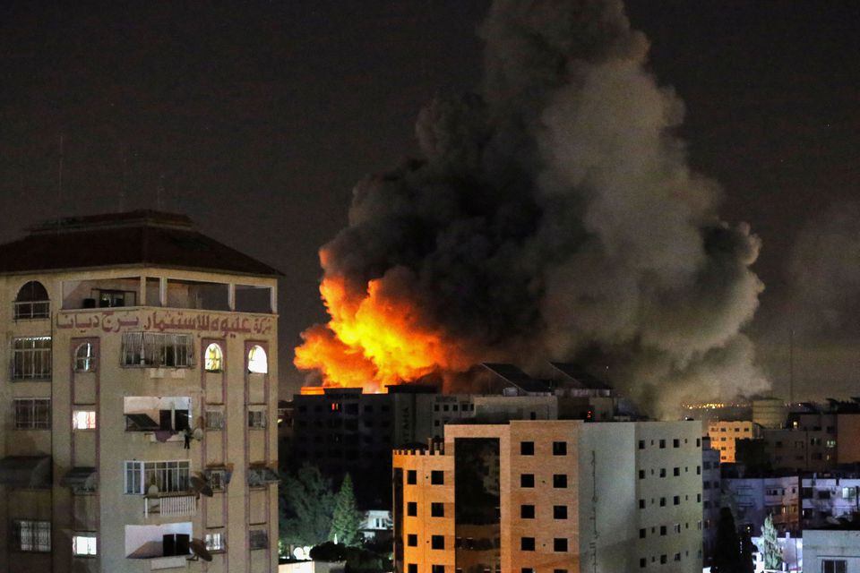 Tower on fire in Gaza